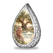 Personalized Tree of Life Straight Drop urn, 1 Keepsake 3 inch Urn; fictional portrait example