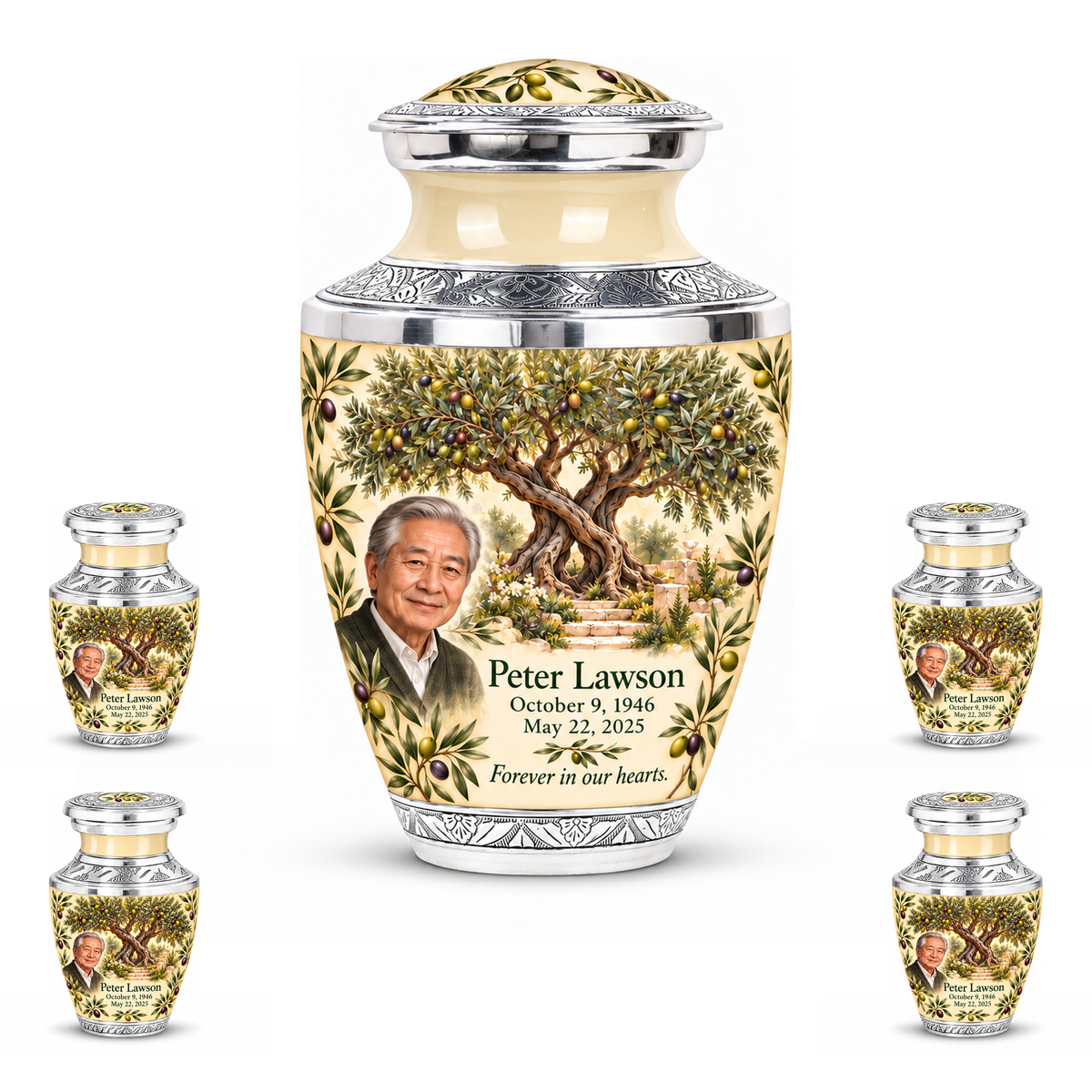 Personalized Tree of Life Tasty urn, 10 inch large Urn with 4 Keepsake 3 Inch Urns; matching example portrait and full memorial dates