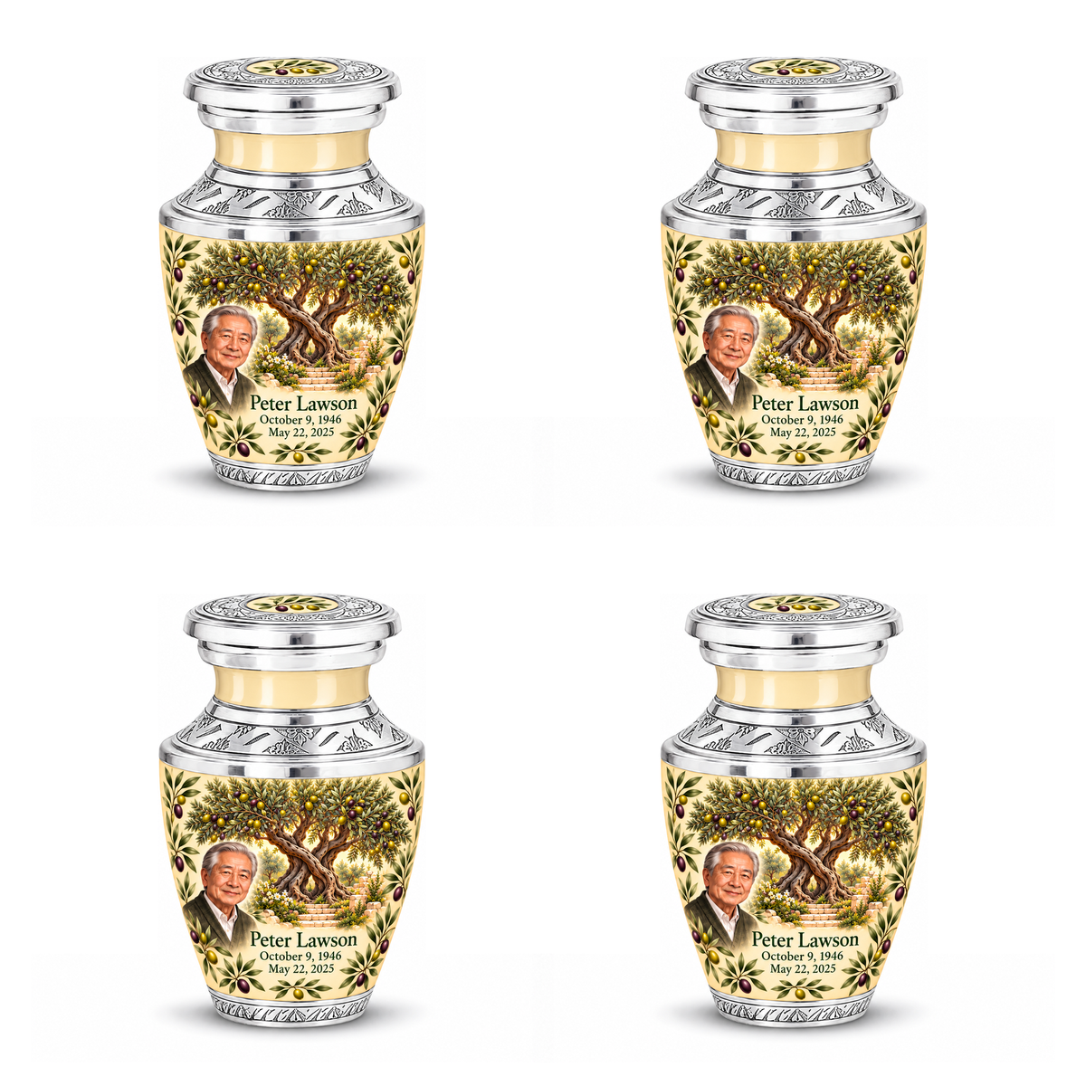 Personalized Tree of Life Tasty urn, 4 Keepsake 3 inch Urns; matching example portrait and full memorial dates