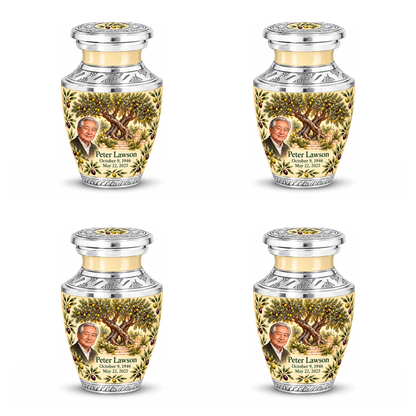 Personalized Tree of Life Tasty urn, 4 Keepsake 3 inch Urns; matching example portrait and full memorial dates