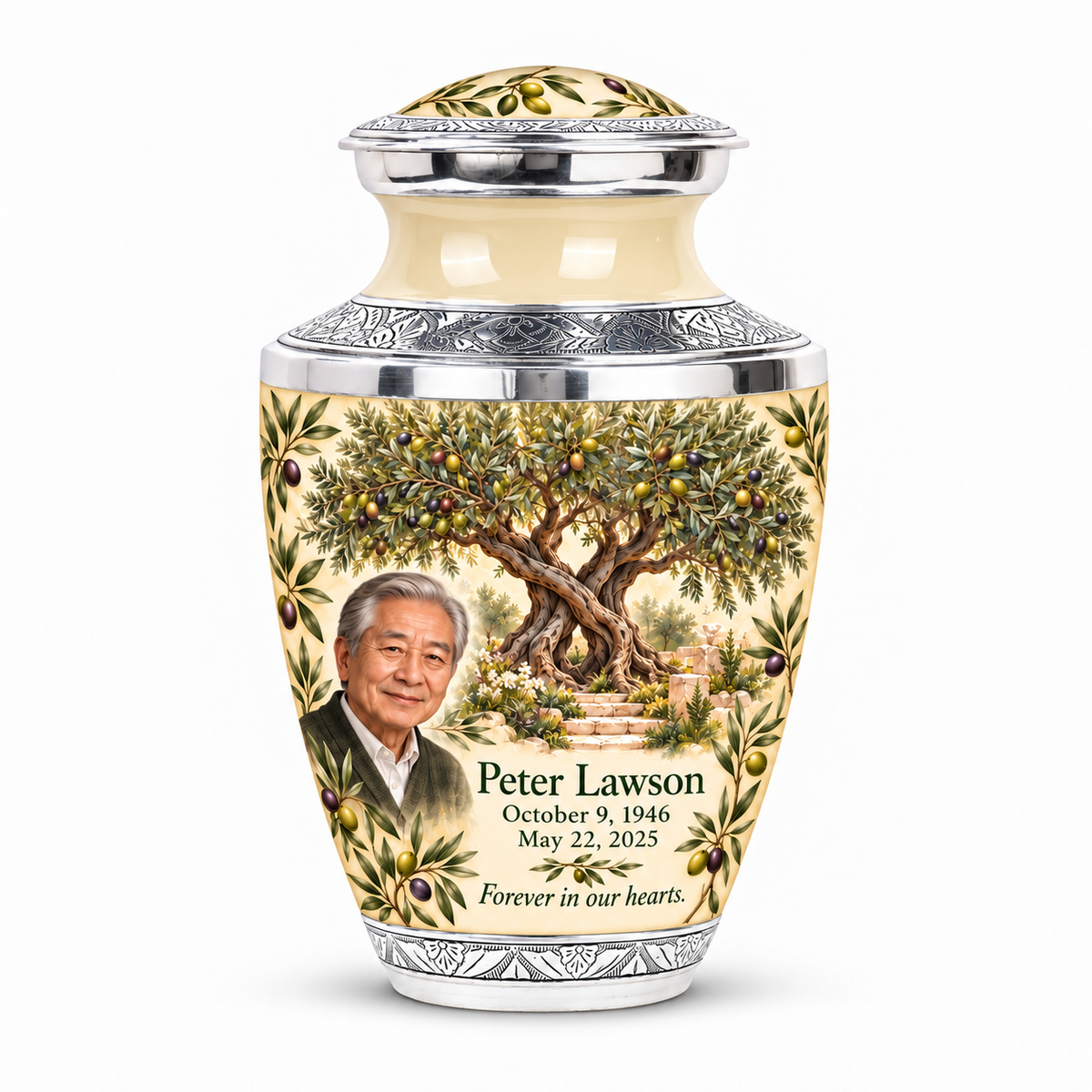 Personalized Tree of Life Tasty urn, 10 inch large Urn; matching example portrait and full memorial dates