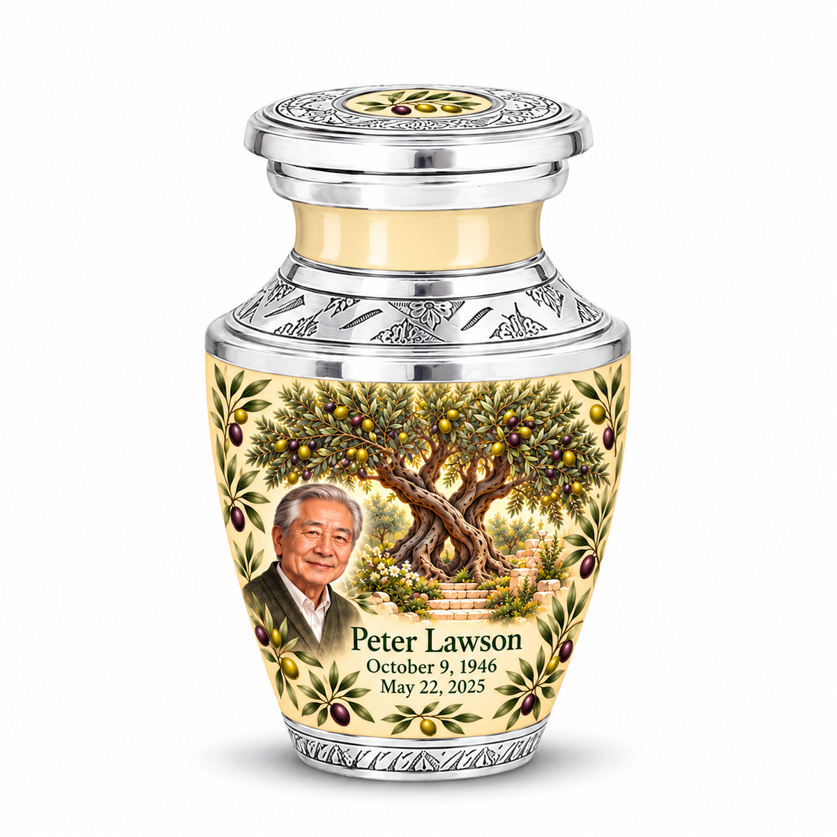 Personalized Tree of Life Tasty urn, 1 Keepsake 3 inch Urn; matching example portrait and full memorial dates