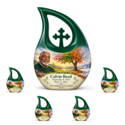 Personalized Tree of Life Cross Drop urn, 10 inch large Urn with 4 Keepsake 3 Inch Urns; fictional portrait example
