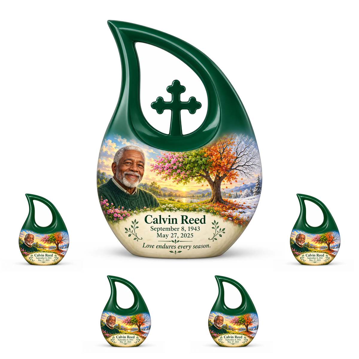 Personalized Tree of Life Cross Drop urn, 10 inch large Urn with 4 Keepsake 3 Inch Urns; fictional portrait example
