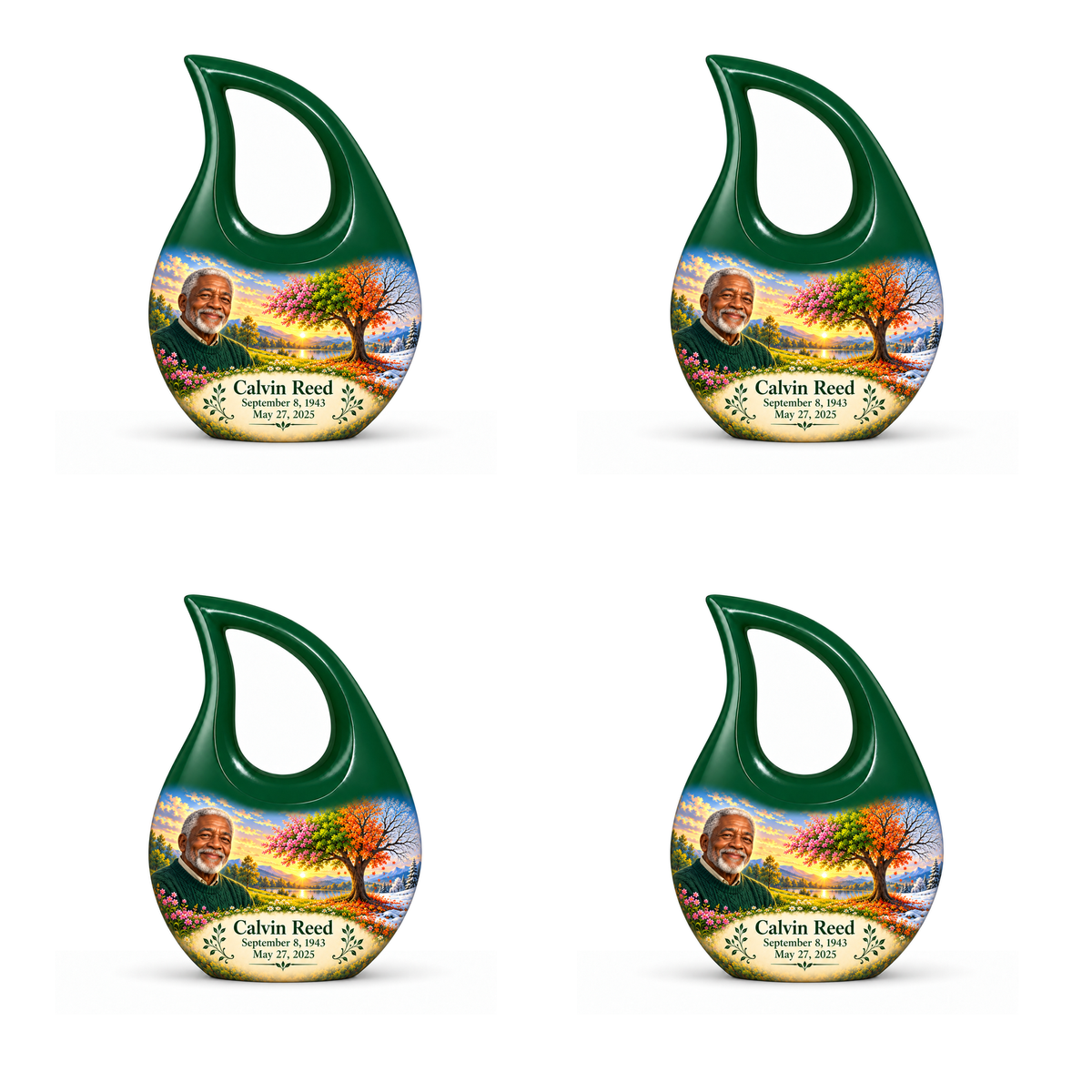 Personalized Tree of Life Cross Drop urn, 4 Keepsake 3 inch Urns; fictional portrait example
