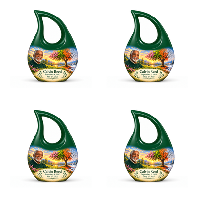 Personalized Tree of Life Cross Drop urn, 4 Keepsake 3 inch Urns; fictional portrait example