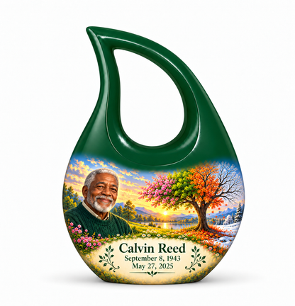 Personalized Tree of Life Cross Drop urn, 1 Keepsake 3 inch Urn; fictional portrait example