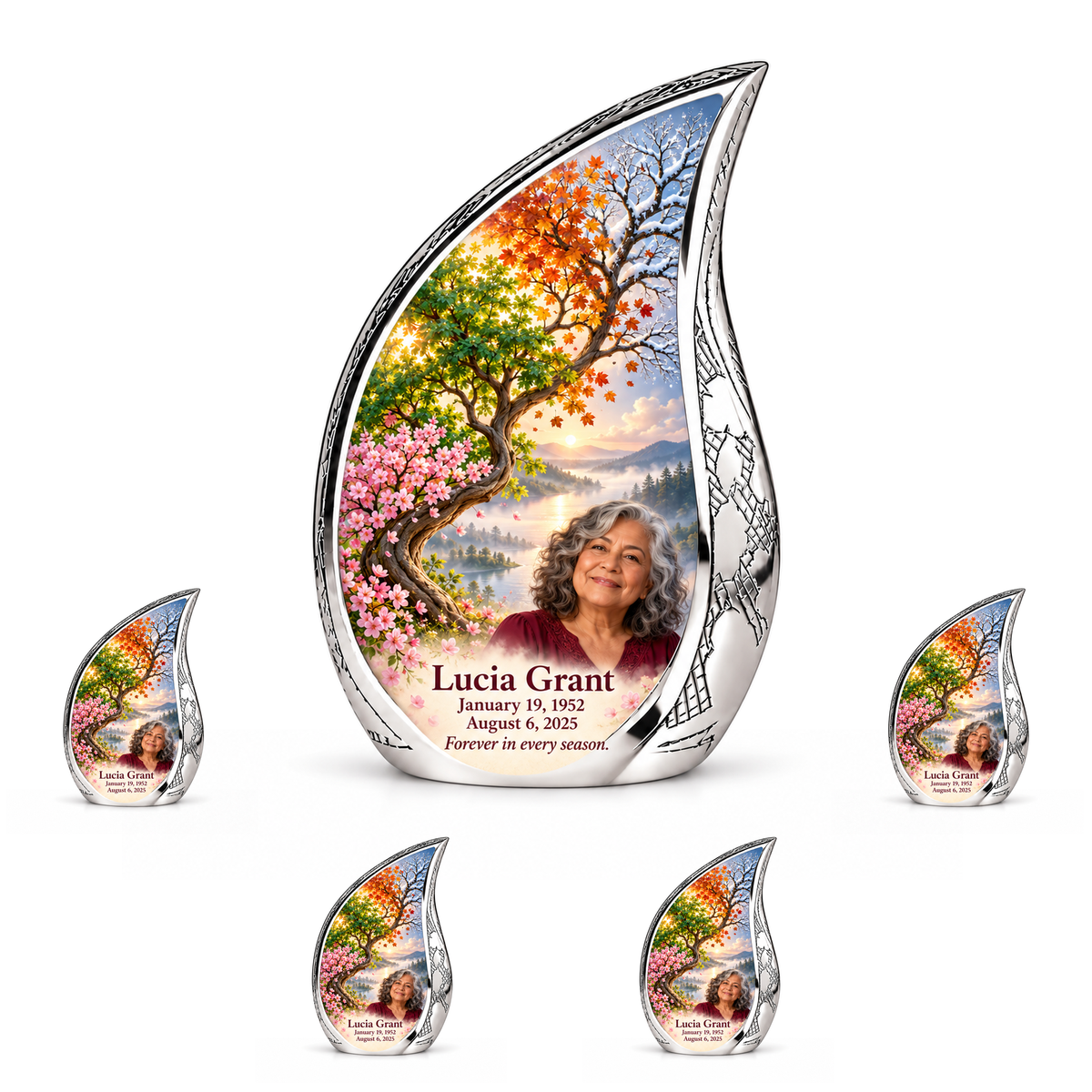 Personalized Tree of Life Curved Drop urn, 10 inch large Urn with 4 Keepsake 3 Inch Urns; fictional portrait example