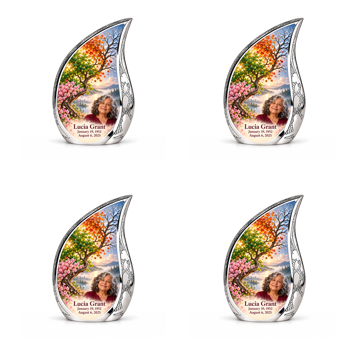 Personalized Tree of Life Curved Drop urn, 4 Keepsake 3 inch Urns; fictional portrait example