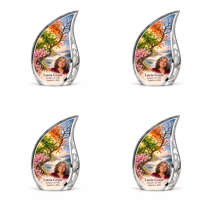 Personalized Tree of Life Curved Drop urn, 4 Keepsake 3 inch Urns; fictional portrait example