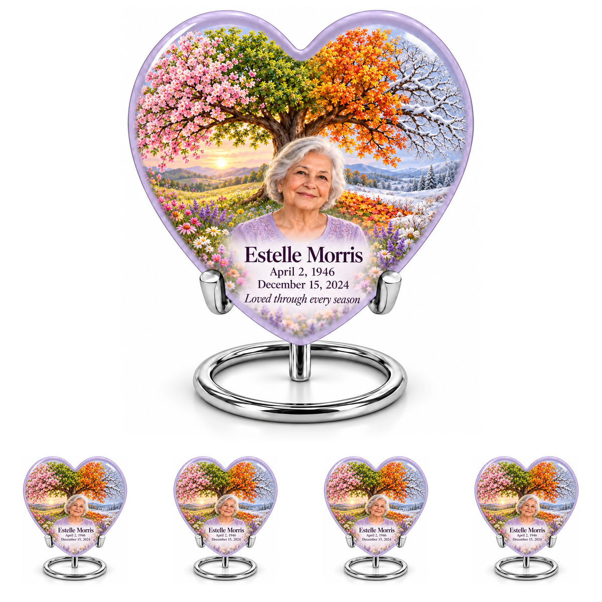 Personalized Tree of Life Heart urn, 10 inch large Urn with 4 Keepsake 3 Inch Urns; fictional portrait example