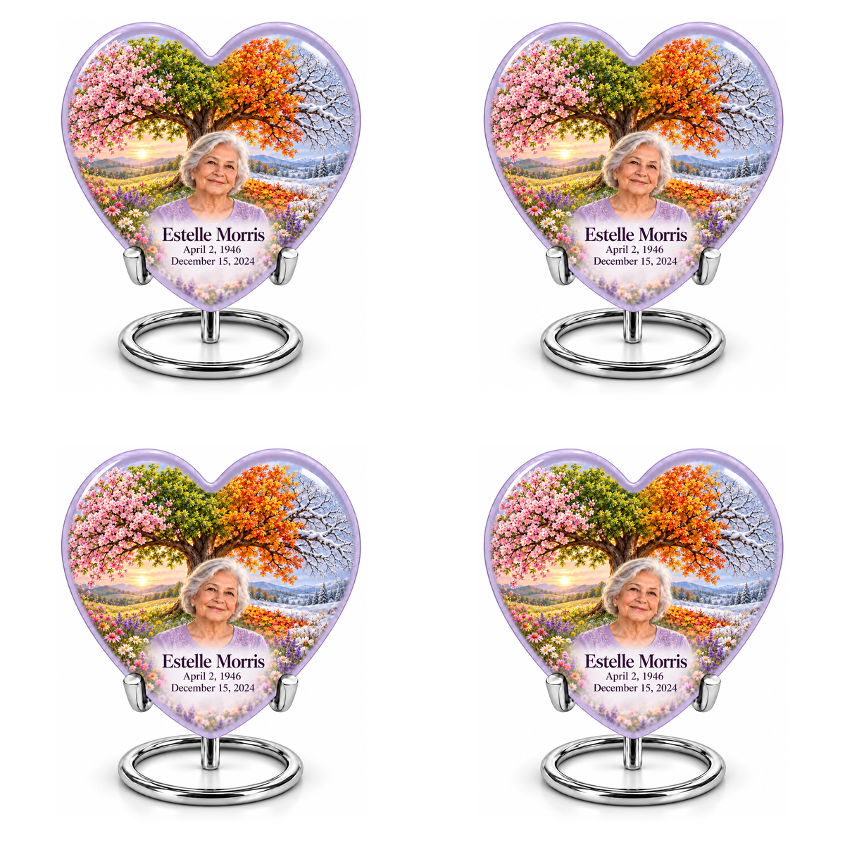 Personalized Tree of Life Heart urn, 4 Keepsake 3 inch Urns; fictional portrait example