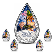 Personalized Tree of Life Straight Drop urn, 10 inch large Urn with 4 Keepsake 3 Inch Urns; fictional portrait example