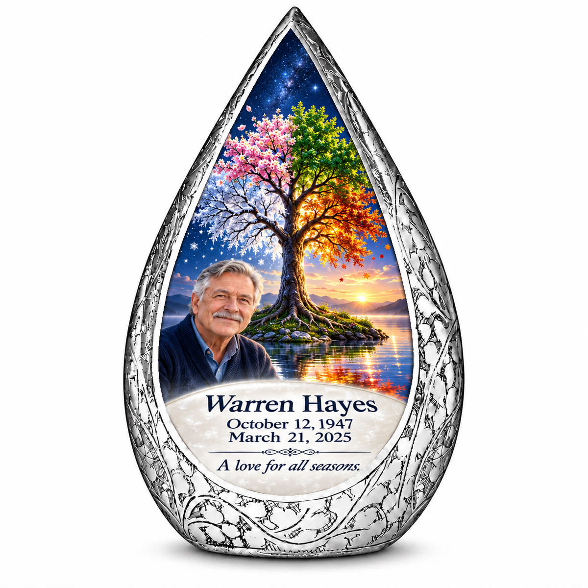 Personalized Tree of Life Straight Drop urn, 10 inch large Urn; fictional portrait example