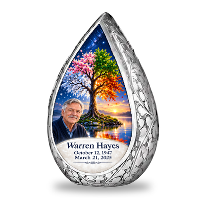 Personalized Tree of Life Straight Drop urn, 1 Keepsake 3 inch Urn; fictional portrait example