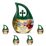 Cross Drop Tree of Life urn, 10 inch large Urn with 4 Keepsake 3 Inch Urns, mountain cedar and sunrise artwork with fictional example portrait and full dates