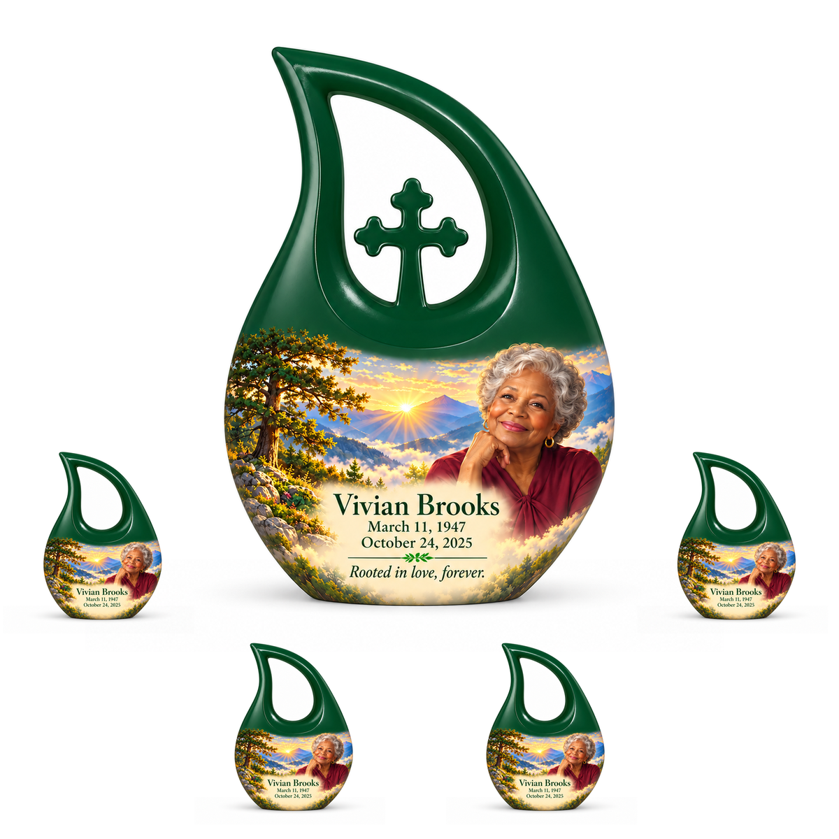 Cross Drop Tree of Life urn, 10 inch large Urn with 4 Keepsake 3 Inch Urns, mountain cedar and sunrise artwork with fictional example portrait and full dates