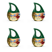 Cross Drop Tree of Life urn, 4 Keepsake 3 inch Urns, mountain cedar and sunrise artwork with fictional example portrait and full dates