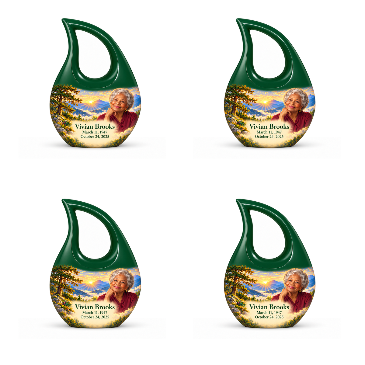 Cross Drop Tree of Life urn, 4 Keepsake 3 inch Urns, mountain cedar and sunrise artwork with fictional example portrait and full dates