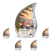 Curved Drop Tree of Life urn, 10 inch large Urn with 4 Keepsake 3 Inch Urns, mountain cedar and sunrise artwork with fictional example portrait and full dates