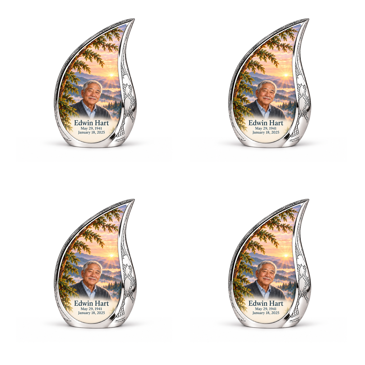 Curved Drop Tree of Life urn, 4 Keepsake 3 inch Urns, mountain cedar and sunrise artwork with fictional example portrait and full dates