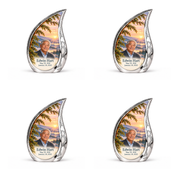 Curved Drop Tree of Life urn, 4 Keepsake 3 inch Urns, mountain cedar and sunrise artwork with fictional example portrait and full dates