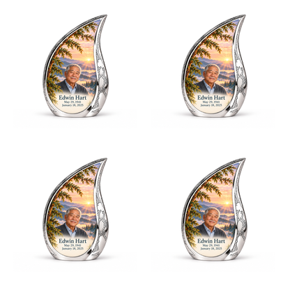 Curved Drop Tree of Life urn, 4 Keepsake 3 inch Urns, mountain cedar and sunrise artwork with fictional example portrait and full dates