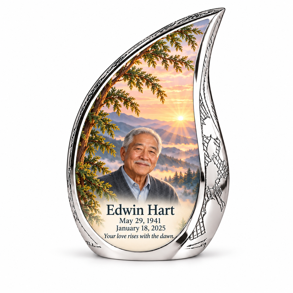 Curved Drop Tree of Life urn, 10 inch large Urn, mountain cedar and sunrise artwork with fictional example portrait and full dates
