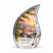 Curved Drop Tree of Life urn, 1 Keepsake 3 inch Urn, mountain cedar and sunrise artwork with fictional example portrait and full dates