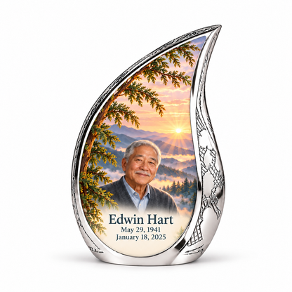 Curved Drop Tree of Life urn, 1 Keepsake 3 inch Urn, mountain cedar and sunrise artwork with fictional example portrait and full dates