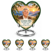Heart Tree of Life urn, 10 inch large Urn with 4 Keepsake 3 Inch Urns, mountain cedar and sunrise artwork with fictional example portrait and full dates