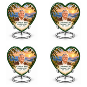 Heart Tree of Life urn, 4 Keepsake 3 inch Urns, mountain cedar and sunrise artwork with fictional example portrait and full dates