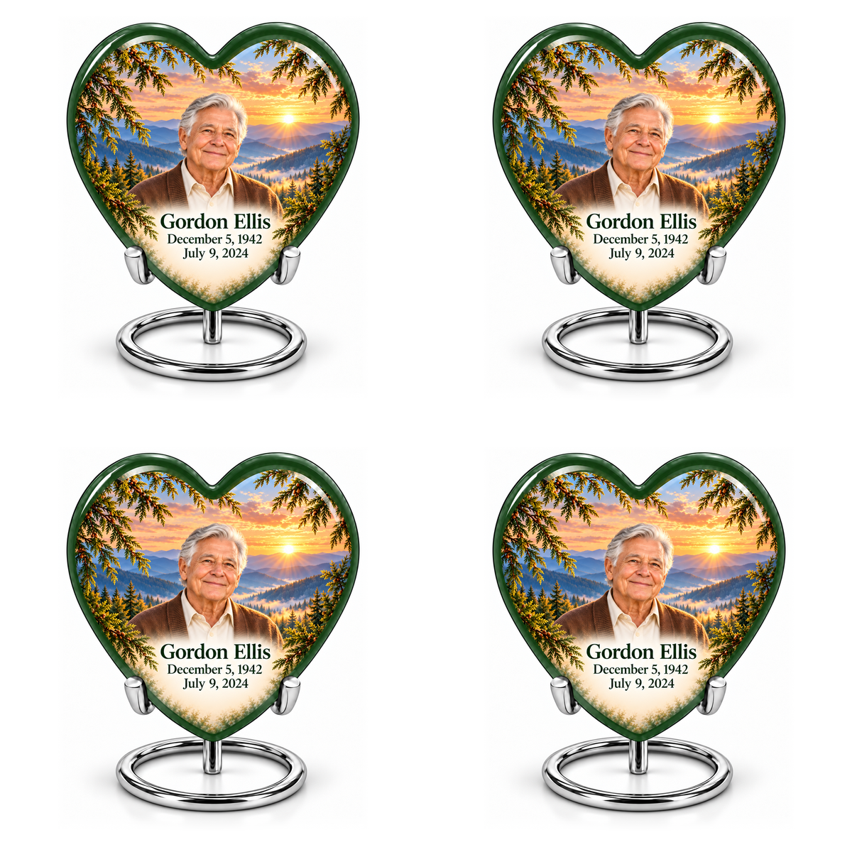 Heart Tree of Life urn, 4 Keepsake 3 inch Urns, mountain cedar and sunrise artwork with fictional example portrait and full dates