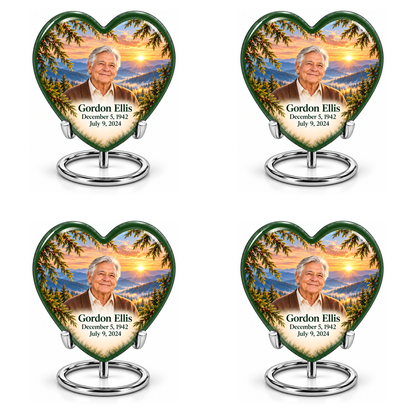 Heart Tree of Life urn, 4 Keepsake 3 inch Urns, mountain cedar and sunrise artwork with fictional example portrait and full dates