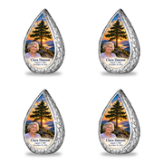 Straight Drop Tree of Life urn, 4 Keepsake 3 inch Urns, mountain cedar and sunrise artwork with fictional example portrait and full dates