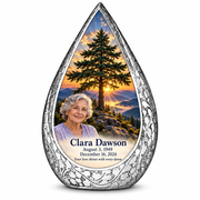 Straight Drop Tree of Life urn, 10 inch large Urn, mountain cedar and sunrise artwork with fictional example portrait and full dates
