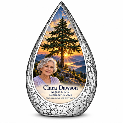 Straight Drop Tree of Life urn, 10 inch large Urn, mountain cedar and sunrise artwork with fictional example portrait and full dates