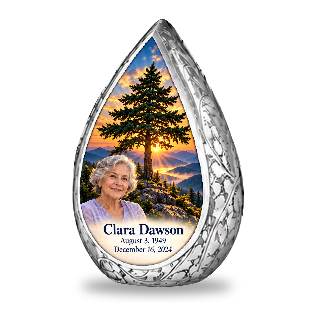 Straight Drop Tree of Life urn, 1 Keepsake 3 inch Urn, mountain cedar and sunrise artwork with fictional example portrait and full dates