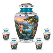 Tasty Tree of Life urn, 10 inch large Urn with 4 Keepsake 3 Inch Urns, mountain cedar and sunrise artwork with fictional example portrait and full dates