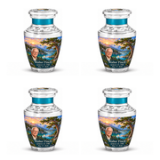 Tasty Tree of Life urn, 4 Keepsake 3 inch Urns, mountain cedar and sunrise artwork with fictional example portrait and full dates