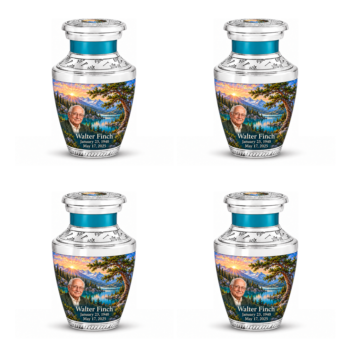 Tasty Tree of Life urn, 4 Keepsake 3 inch Urns, mountain cedar and sunrise artwork with fictional example portrait and full dates