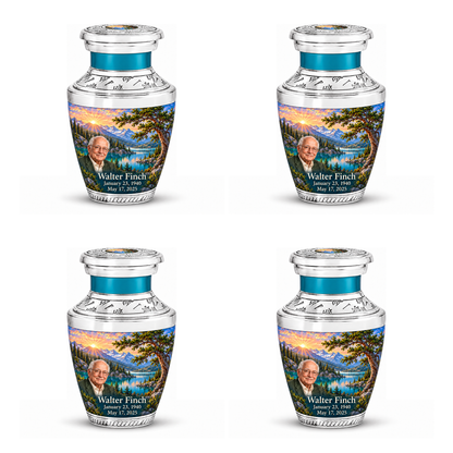 Tasty Tree of Life urn, 4 Keepsake 3 inch Urns, mountain cedar and sunrise artwork with fictional example portrait and full dates