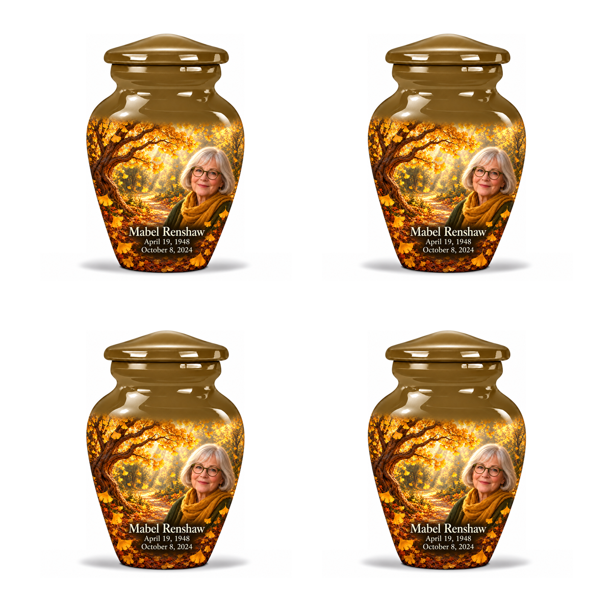 Four identical 3-inch keepsakes, Classic golden-ginkgo fan-leaf design with fictional Mabel Renshaw portrait, name and full memorial dates on white background.