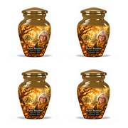 Four identical 3-inch keepsakes, Classic golden-ginkgo fan-leaf design with fictional Mabel Renshaw portrait, name and full memorial dates on white background.
