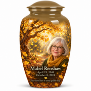 One 10-inch large urn, Classic golden-ginkgo fan-leaf design with fictional Mabel Renshaw portrait, name and full memorial dates on white background.