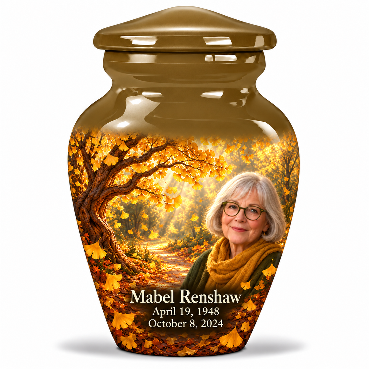 One 3-inch keepsake, Classic golden-ginkgo fan-leaf design with fictional Mabel Renshaw portrait, name and full memorial dates on white background.