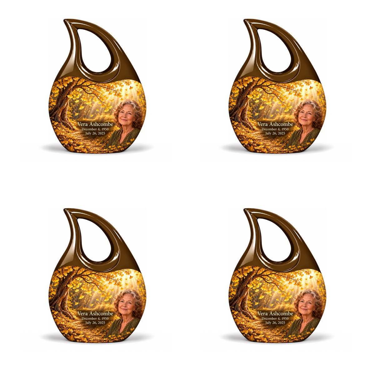 Four identical 3-inch keepsakes, Cross Drop golden-ginkgo woodland-path design with fictional Vera Ashcombe portrait, name and full memorial dates on white background.