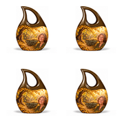 Four identical 3-inch keepsakes, Cross Drop golden-ginkgo woodland-path design with fictional Vera Ashcombe portrait, name and full memorial dates on white background.