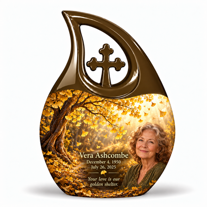 One 10-inch large urn, Cross Drop golden-ginkgo woodland-path design with fictional Vera Ashcombe portrait, name and full memorial dates on white background.