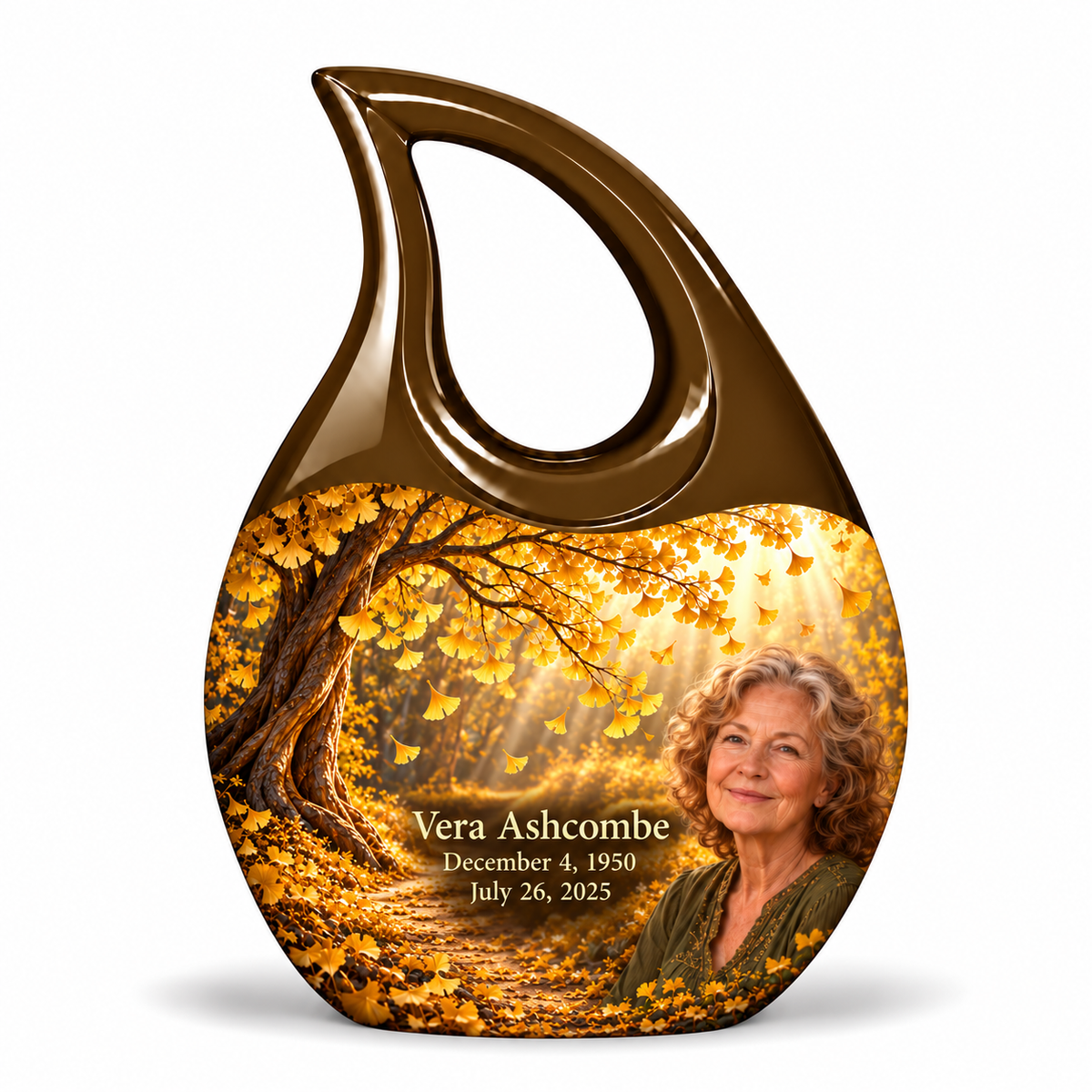 One 3-inch keepsake, Cross Drop golden-ginkgo woodland-path design with fictional Vera Ashcombe portrait, name and full memorial dates on white background.
